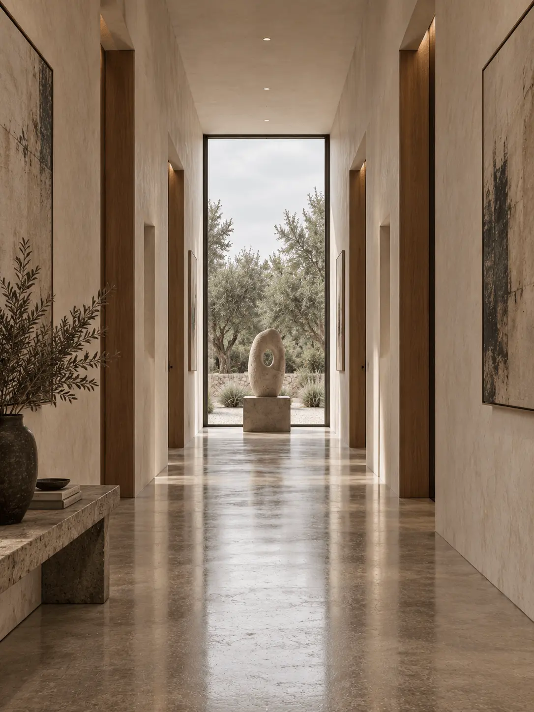 Minimalist corridor with stone sculpture and window