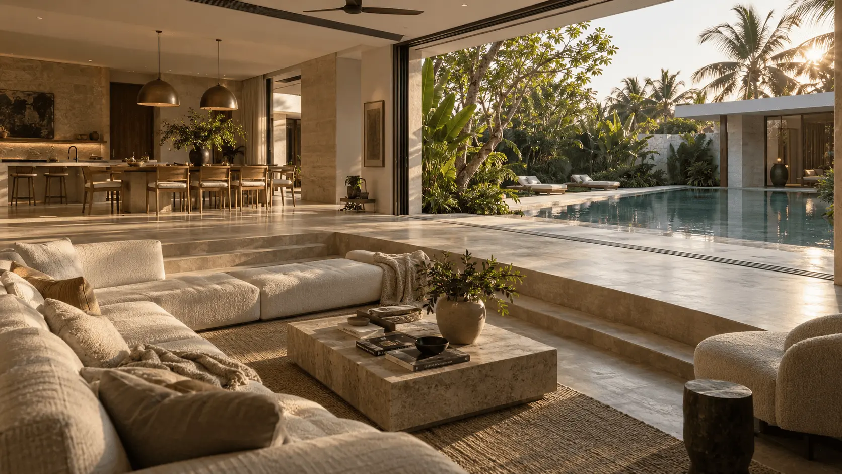 Luxury bungalow living room opening to tropical courtyard
