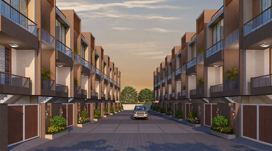 Multi-residential architectural render showing exterior common amenities