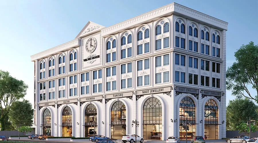 Perspective architectural render of modern commercial building