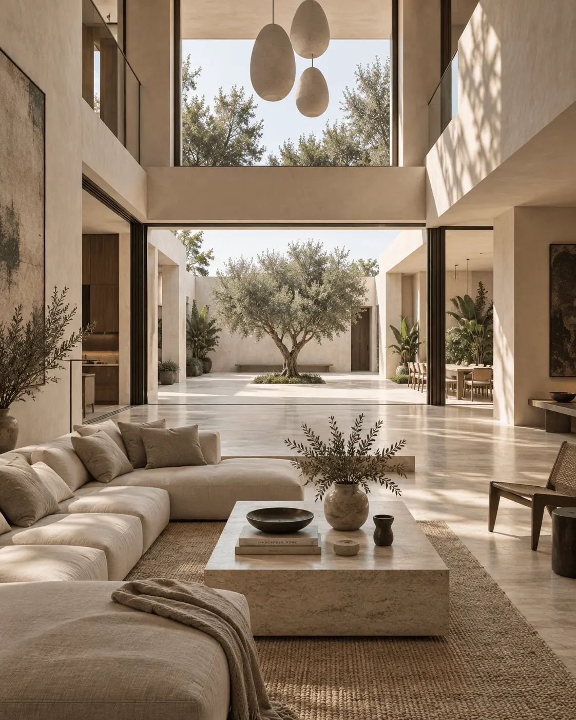 Double-height living room with travertine courtyard